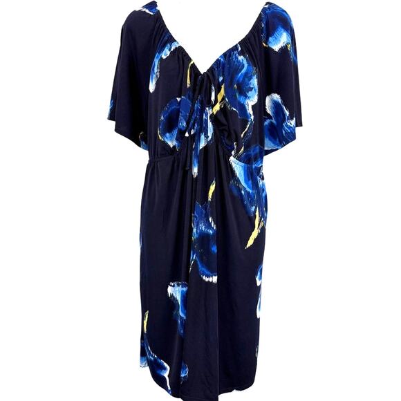 INC International Concepts Navy Floral Jersey Knit V-Neck Short Sleeve Dress 2X - Picture 1 of 16